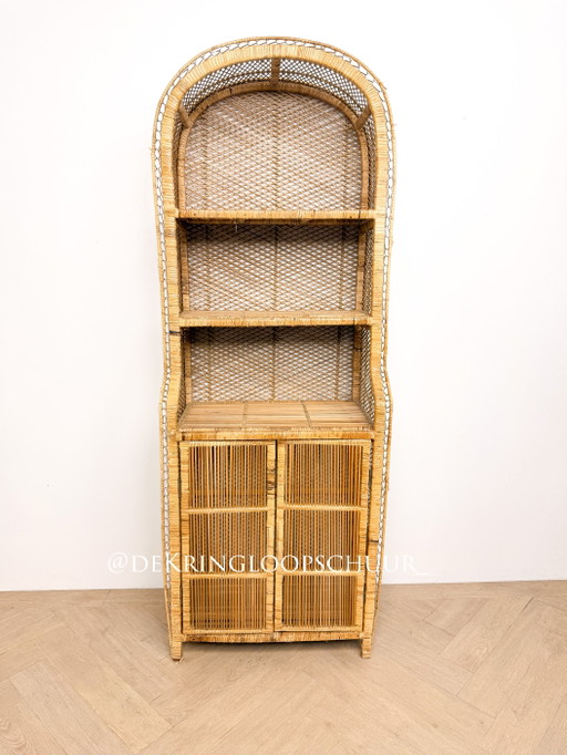 Vintage rattan wicker arched cabinet with doors