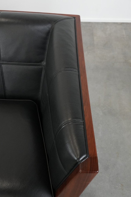 Image 1 of Art Deco Schuitema black leather 2.5-seater designer sofa from the Decoforma series with beautiful woodwork
