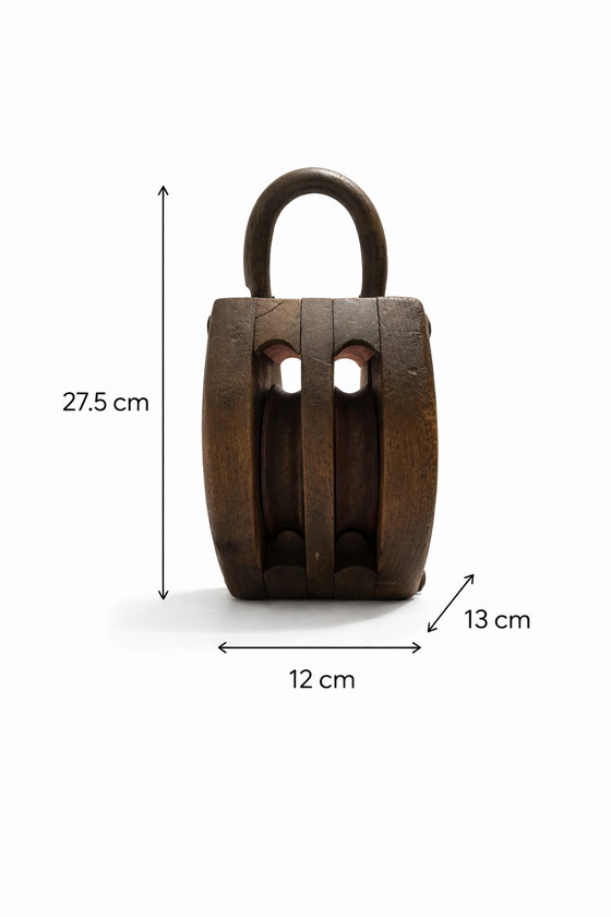 Image 1 of Poulie nautique double ancienne - Bois massif - Port de Rotterdam