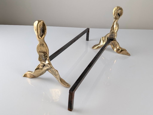 Pair of Brutalist Sculptural Bronze Andirons, 1970s