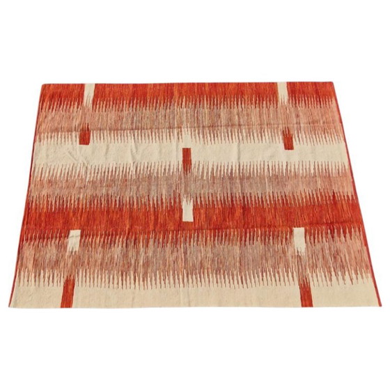 Handgeweven modern rood ikat kilim tapijt | Platgeweven wollen tapijt | 168 × 239 cm (66 × 94 inch) (photo 7 of 10)