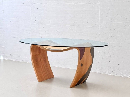 Carlo Malnati – Table de salle à manger sculpturale avec incrustations et plateau en verre, Italie, années (photo 2 of 11)