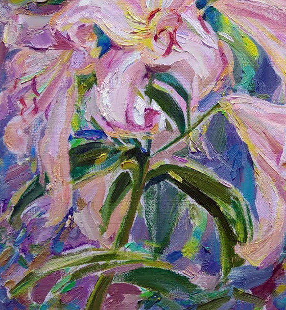 Original Oil Painting Summer Nature Flower Pink Lilies, Paintings & Drawings, Canvas, Green (photo 4 of 5)