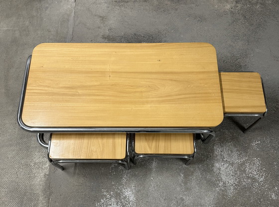 Image 1 of Set of 4 70s metal and solid oak nesting tables