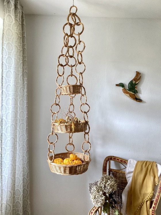 Large Wicker Hanging Basket with Three Tiers, Twisted Ring Chain, Decorative Objects, Beige (photo 2 of 18)
