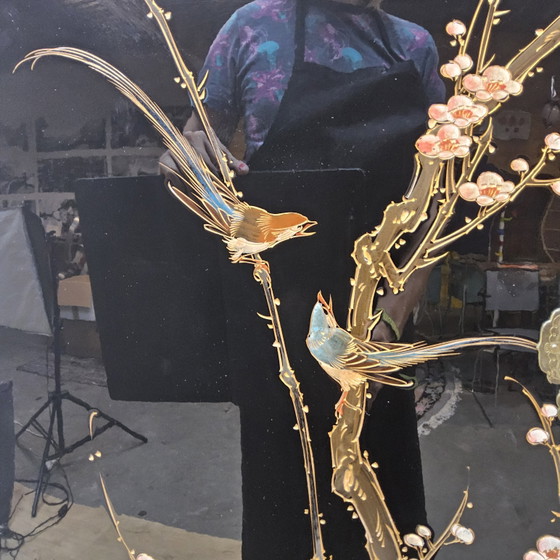 Vintage Chinese Lak Kast Zwart Bloemen En Vogels / Bohemian / Oosterse / Aziatische Bruidskast – Opbergkast (photo 9 of 15)