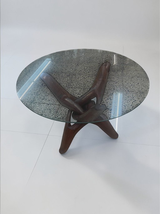Table sculpturale vintage – Style Mid-Century / Piètement en bois naturel / Plateau en verre / Design affirmé