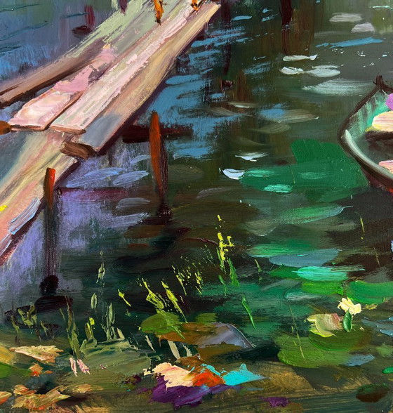 Image 1 of Original Oil Painting Summer Bridge Landscape Girls are walking by the river