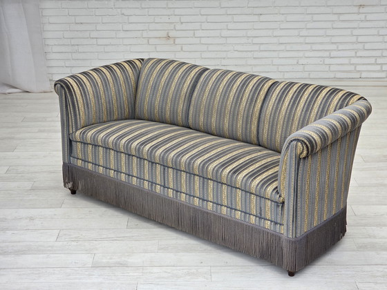 Image 1 of 1960s Danish 3-Seater Sofa, Blue/Beige Furniture Velour, Beech Wood Legs