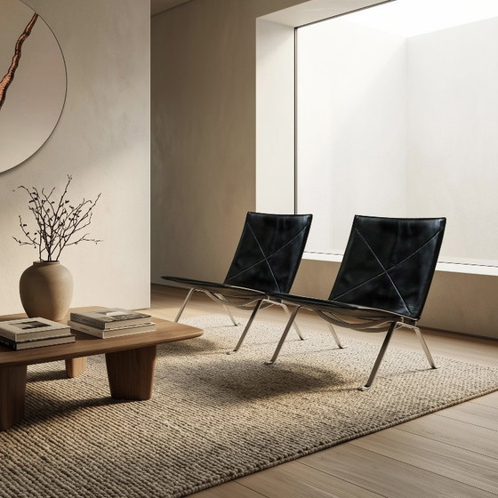 Image 1 of Coppia di Poul Kjaerholm PK22 vintage in pelle nera per Kold Christensen degli anni '60
