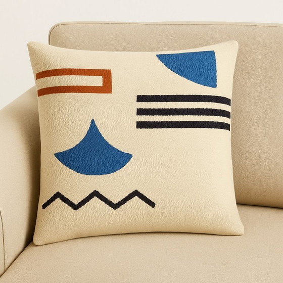 Image 1 of Fodera per cuscino in lana egiziana fatta a mano 40x40 cm – Grigio, blu e ruggine – Design geometrico – Cerniera sul retro