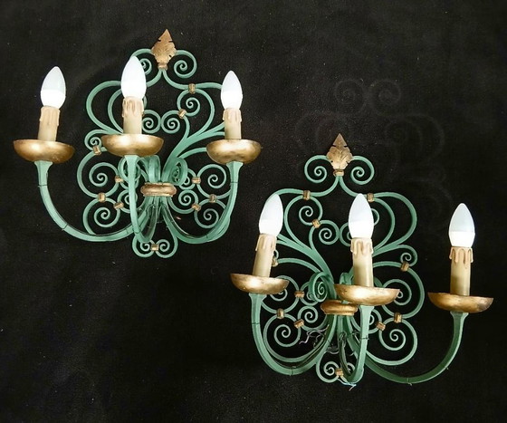 Image 1 of PAIR OF ANTIQUE WROUGHT IRON WALL LIGHTS BY GILBERT POILLERAT, Baroque, 1940