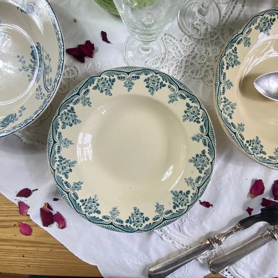 Image 1 of Set of 6 mismatched ironstone soup plates, antique Sarreguemines earthenware, Choisy le Roi Boulanger