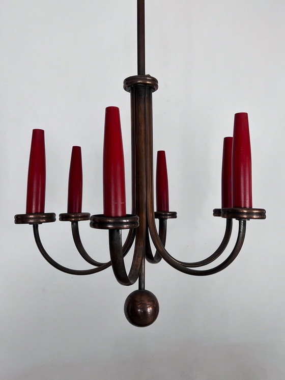 Image 1 of Lampadario in rame a sei bracci, stile Mid-Century Modern, in stile Gio Ponti. Italia, anni '50.