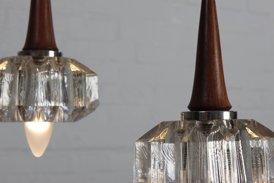Drievlammige plafondlamp in ebbenhout en glas vintage lamp – Hanglampen, Crystal, Scandinavian (photo 4 of 11)