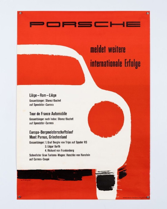 Image 1 of Porsche meldet weitere internationale Erfolge 1957 – Original Vintage Porsche Poster by Strenger – Mid-Century Modern – 85x59 cm
