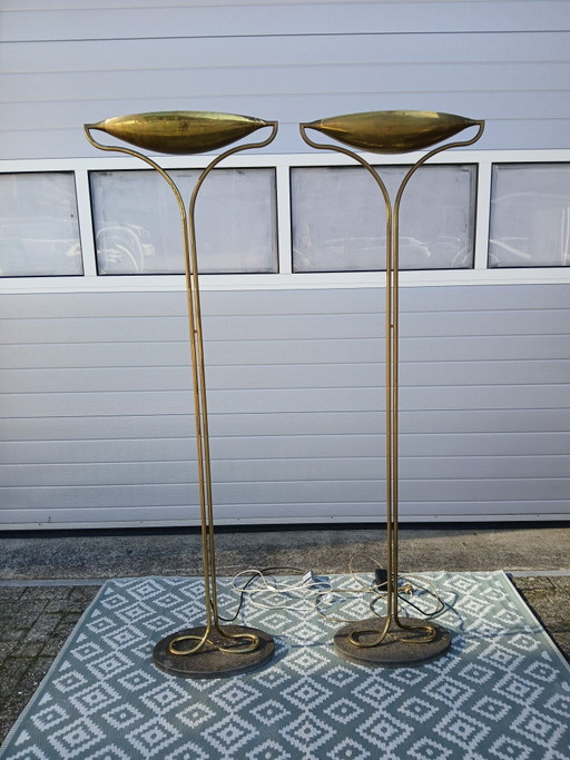 Zeldzaam paar (2x) Vintage Florian Schulz 'Dona' Brass Uplighters (1979)