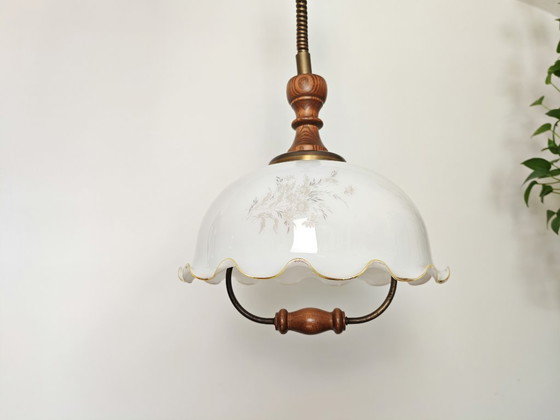 Image 1 of Vintage 1970s Opaline Glass Pendant Light / Mid Century Modern Ceiling Lamp / Scalloped Floral Shade with Wood Brass / Retro Hom