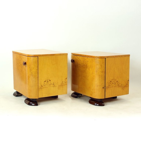 Image 1 of Art Deco Bedside Tables In Root Veneer, Czechoslovakia 1940s