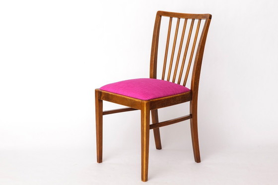 Image 1 of Sedia tedesca d'epoca - Anni '50 - Legno di faggio - Tappezzeria color magenta - Modernariato di metà secolo
