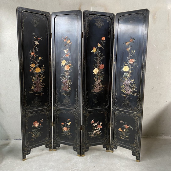 Image 1 of Mid - Century Chinese Room Divider Speck Stone Hand Painted 1950s