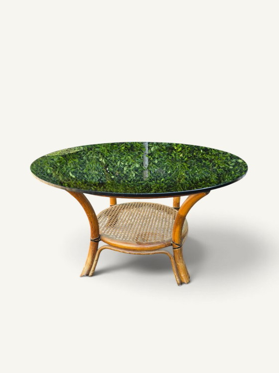 Round Coffee Table in Rattan, Cane and Smoked Blue Glass – 1970s – Other (photo 3 of 5)