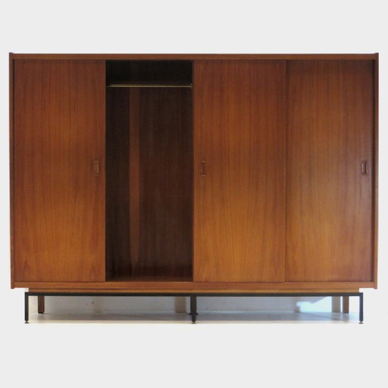 Image 1 of Grote vintage design kledingkast in teak met schuifdeuren, 1960s