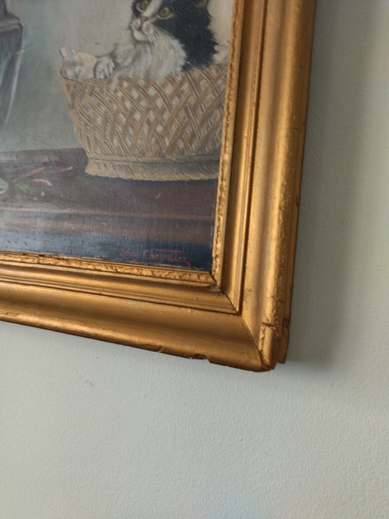 Antique Painting on Panel - Kitten and Flowers - Signed Léon Chevalier – Leon Chevalier, Paintings & Drawings (photo 4 of 10)