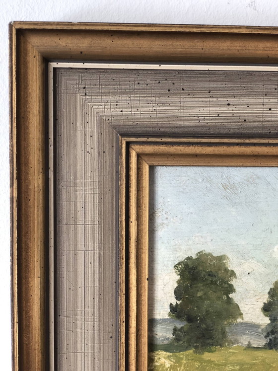 Image 1 of Peinture à l'huile originale vintage représentant un paysage de cottage : œuvre d'art encadrée