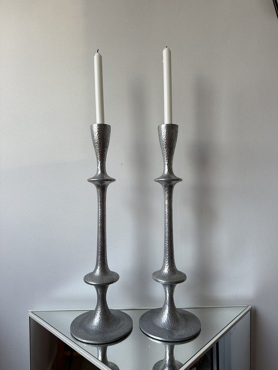 Image 1 of Two Big Vintage Aluminium Hammered Candle Holders