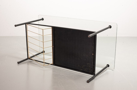 Image 1 of Mid-Century Pierre Guariche Glass Coffee / Side Table for Airborne in Black Steel with Brass Magazine Holder. France, 1950s. 