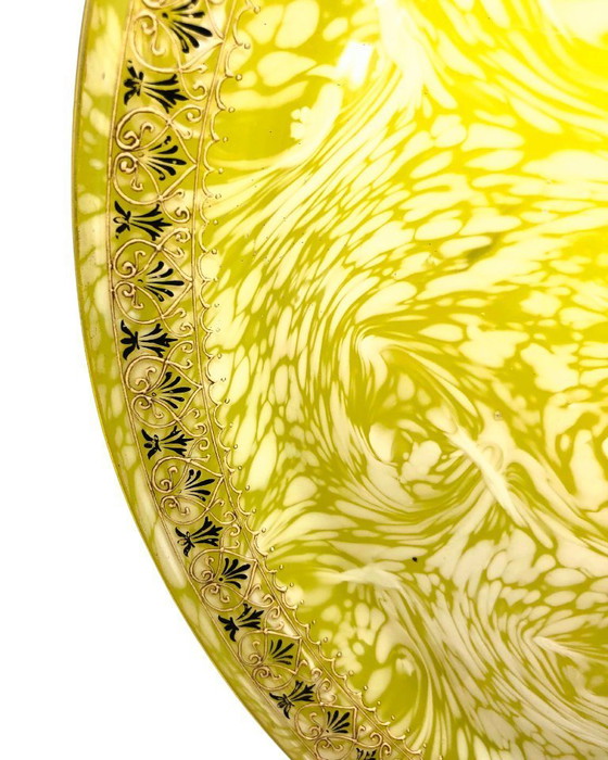 Image 1 of Hand Blown Art Glass Plate Yellow White Swirl Gold Rim Murano Style Vintage