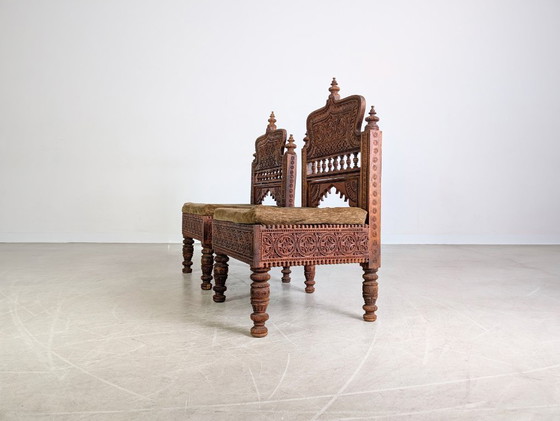 Image 1 of Ensemble de 2 fauteuils de salon indiens, fauteuils Art déco sculptés à la main
