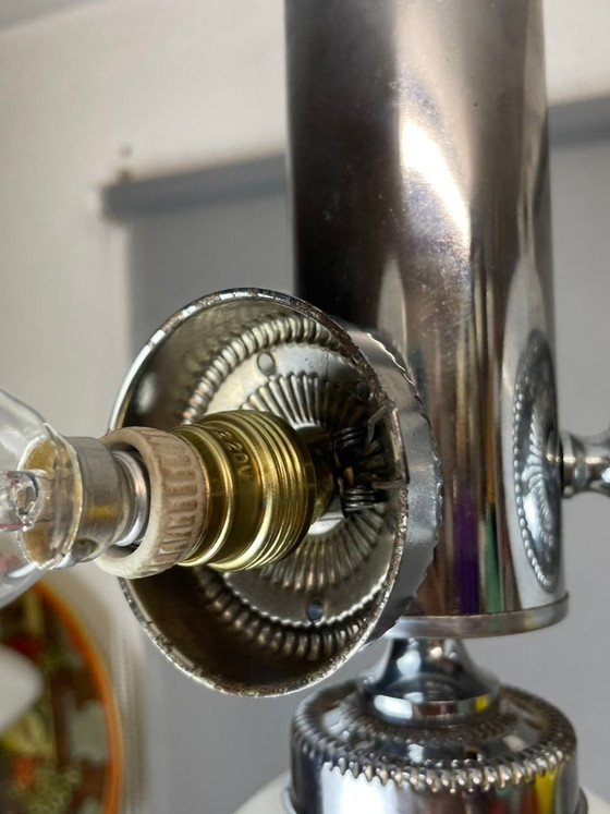 Space Age Chandelier in Chromed Metal with 4 White Opaline Glass Globes, 170s (photo 9 of 12)