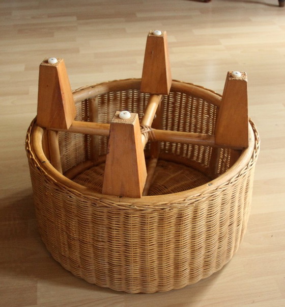 Image 1 of Round side table - rattan, bamboo, wood - vintage