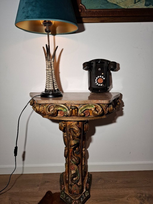 Antique Portuguese Gilded Console Table with Marble Top - 19th Century Carved Wood - Hand-Painted Polychrome Details - BGS Studi