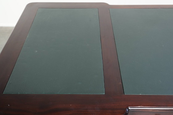Image 1 of Chesterfield partner desk/ bureau in Engelse stijl met donker hout en een groen lederen blad