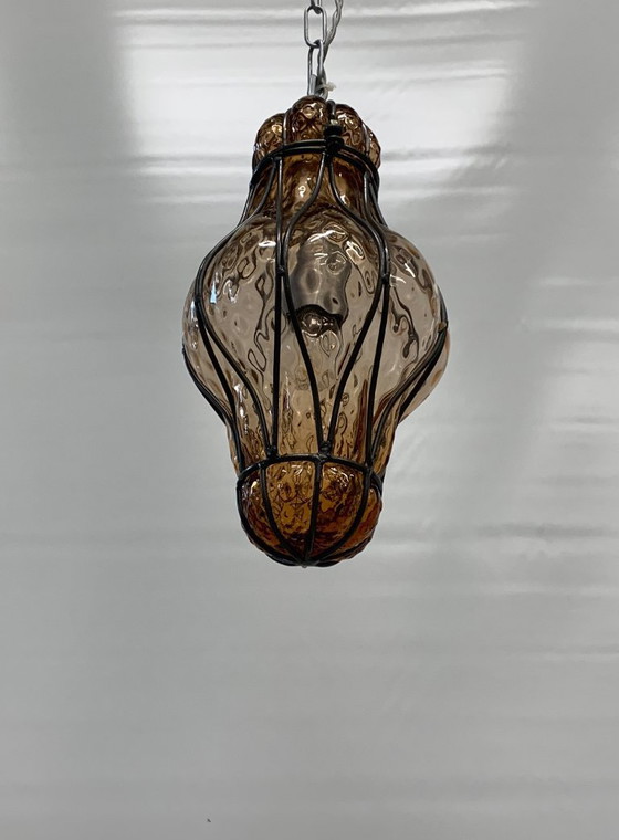 Image 1 of Murano lantaarn kroonluchter, gemaakt in Italië, 1970, amberkleur