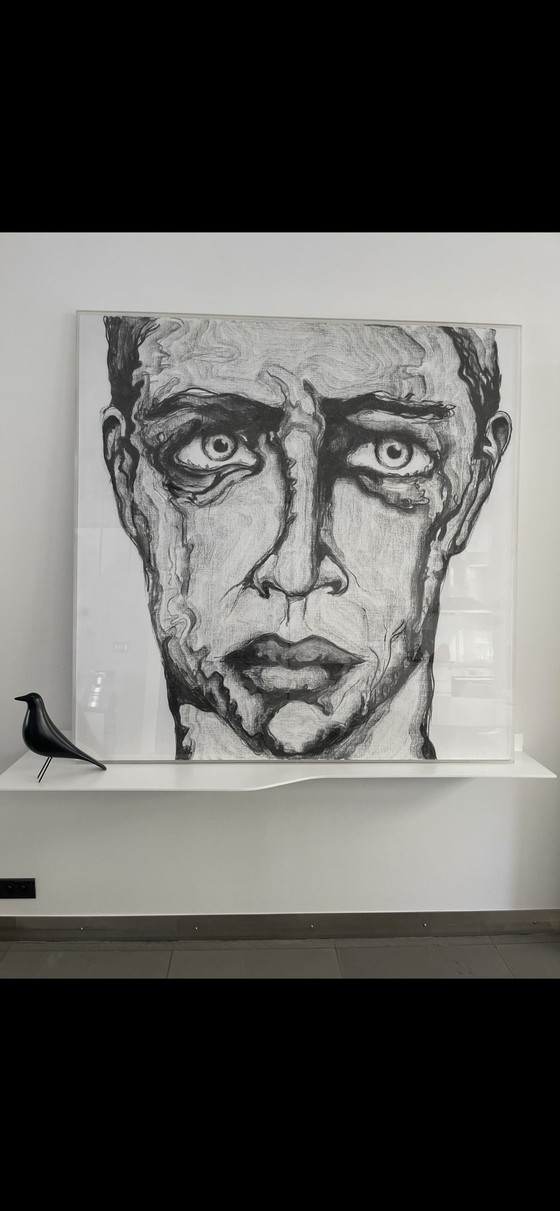 Dessin au fusain derrière plexiglas, Objets d'art, Papier, Noir (photo 3 sur 5)