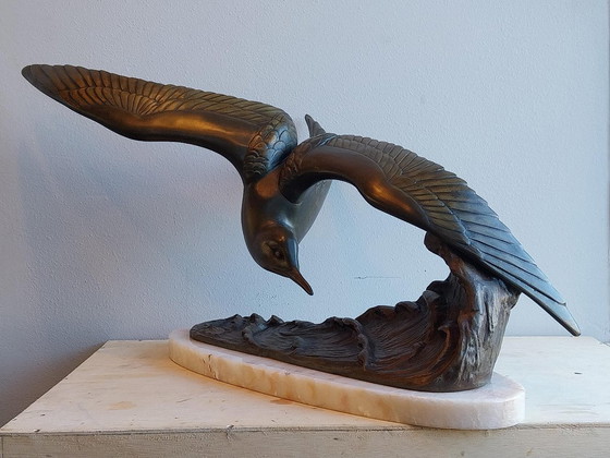 Large Art Deco Sculpture Rochard Seagull Zamak on Marble, polished steel, Brown (photo 9 of 13)