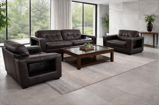 Salon (canapé+fauteuils) design en cuir – Steiner Paris – piètement aluminium – années 1970/80