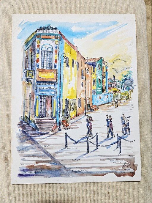 Jorge Alio, Caminito, Buenos Aires, Argentinischer Tango, 2000, Original Aquarell