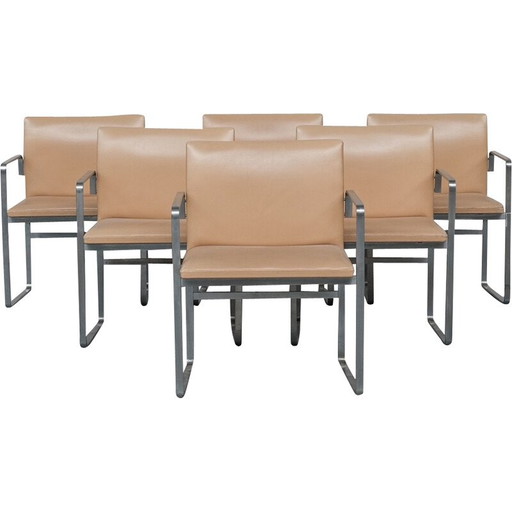 Set of 6 vintage "JH811" dining chairs in steel and leather by Hans J Wegner, Denmark 1950