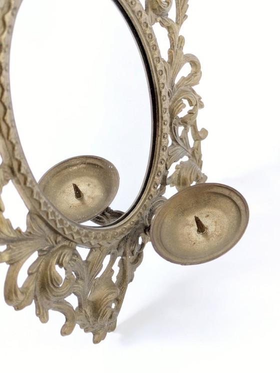 Image 1 of Vintage Brass Mirror Wall Sconce Candle Holder Rococo Scrollwork Hollywood Regency 1960s