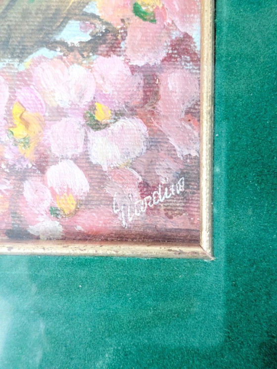Image 1 of Vintage Robin Oil Painting, Blossoms, Green Velvet Mat, Signed