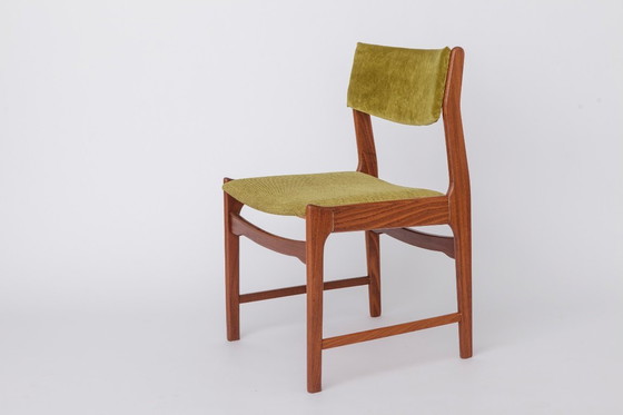 Image 1 of 1 of 5 Vintage Teak Dining Chair 1970s Germany, Restored Wood Frame, Green Upholstered Seat, Mid Century Modern