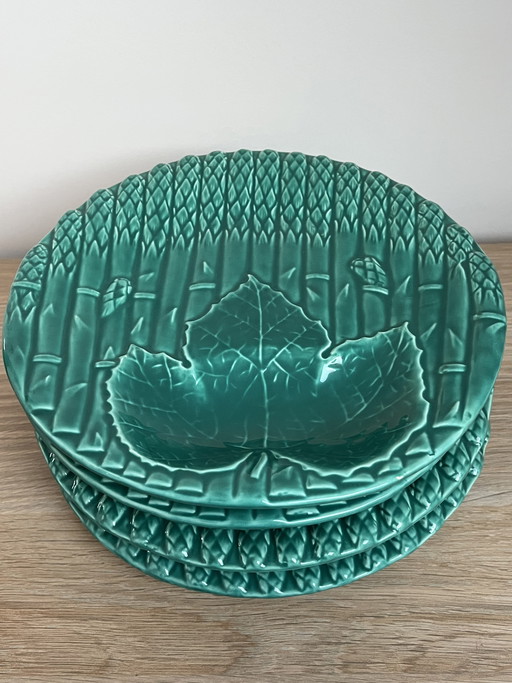 Splendido set di 4 piatti francesi Barbotine per asparagi – Maiolica turchese