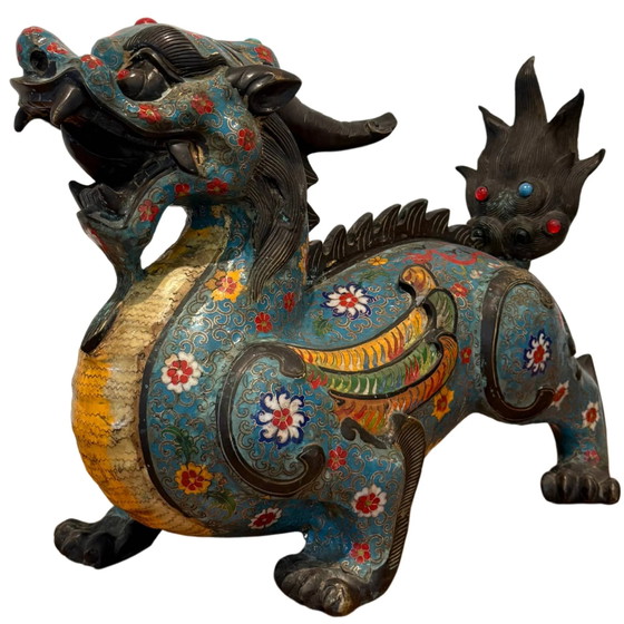 Coppia Monumentale di Pixiu Cinesi Antichi – Bronzo & Cloisonné – Tardo Qing – Sculture, Bronze (photo 6 of 10)