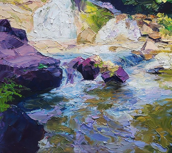 Image 1 of Original Oil Painting Natural Landscape Mountains Waterfall in Nature