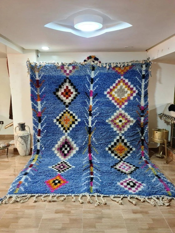 Tapis Beni Ouarain Bleu Azur - Motifs Berbères Colorés - Laine Naturelle – Coton, Scandinavian (photo 2 of 3)